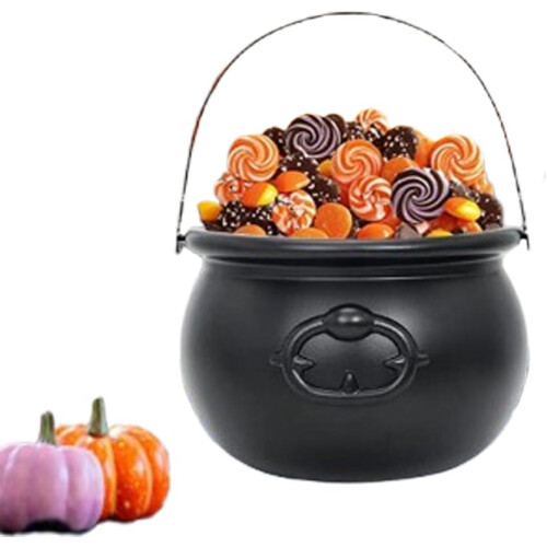 Halloween Plastic Cauldron, Black Candy Bowl, Large