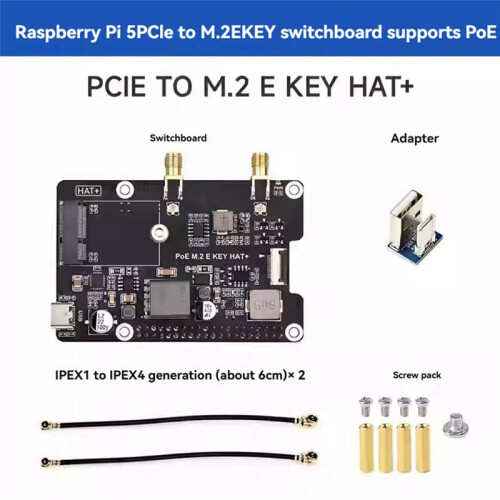 Waveshare för Raspberry Pi 5 PCIe Till M.2 E KEY med PoE HAT+ Stöder NGFF Trådlöst Nätverkskort/ för RPI 5 2