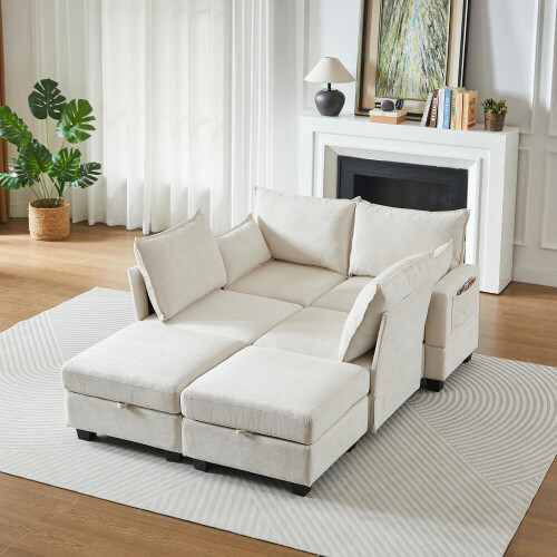 Modulares Chenille-Sofa, Ecksofas für das Wohnzimmer U-förmiges Ecksofa mit Stauraum-Ottomane, 6-Sitzer-Ecksofas mit Chaiselongue 2