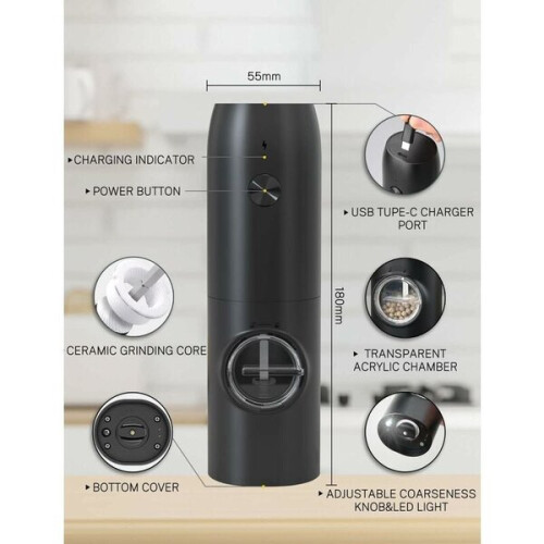 Moedor de pimenta elétrico recarregável Amxcnoy, moedor automático de sal e 2