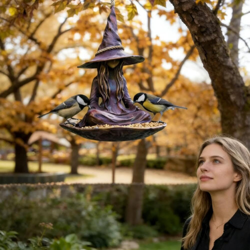 Meditating Witch Resin Hanging Bird Feeder, Garden Statue 2