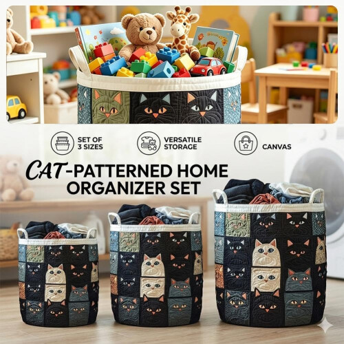 Cute Cat Pattern Quilted Laundry Storage Basket with Handles 2