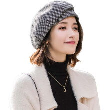 Damen karierte Baskenmütze - Koreanisch Japanisch Retro Malermütze, Baumwolle Herbst Winter Cap Schwarz
