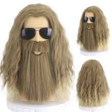 Perruque bouclée longue barbe homme, blond brun 40cm synthétique cosplay Halloween