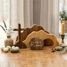 Croce legno risurrezione e tomba vuota, decor pasquale cristiana per casa, marrone