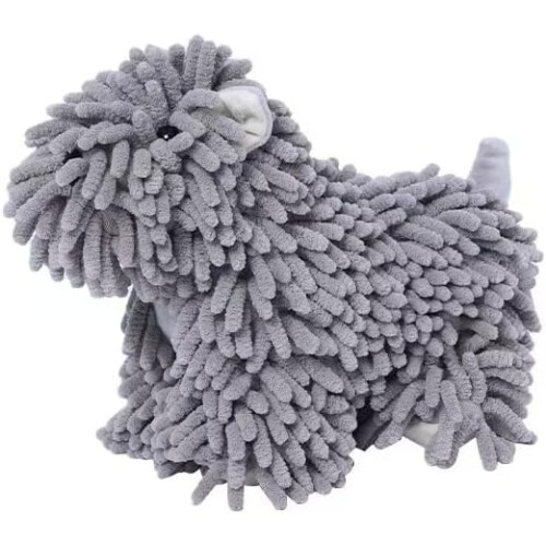 Serviette chien chenille, boule microfibre mains