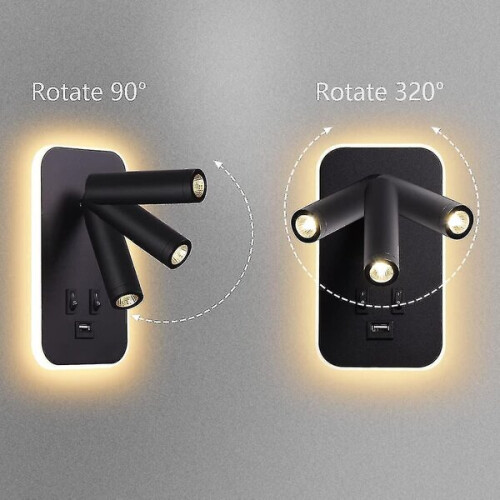 Applique murale LED avec interrupteur, lampe de lecture, port de chargement USB 2