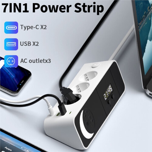 7 in 1 Desktop Corner Power Strip 2 Meter Extension Cord Power Socket with Small Night Light and Clock-EU Plug 1