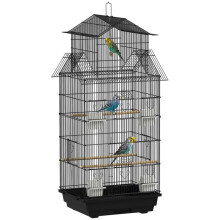 Vogelvoliere mit Schaukel, Tragegriff, 4 Futterstellen, 3 Sitzstangen, 50,5 x 41 x 104 cm, schwarzer Stahl