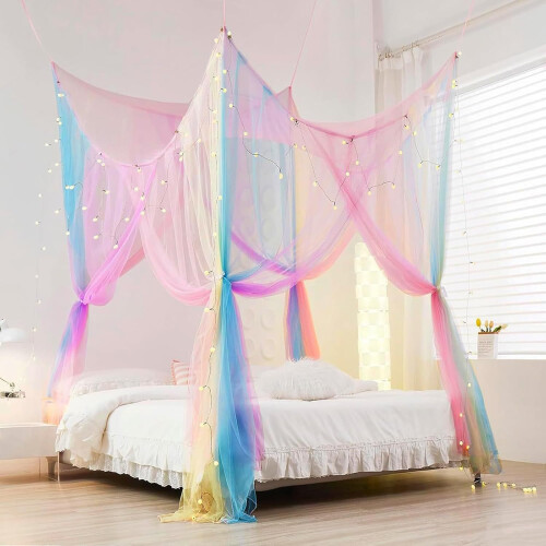 Queen Size LED Canopy Bed Curtain, Rainbow Mesh Mosquito Net 2