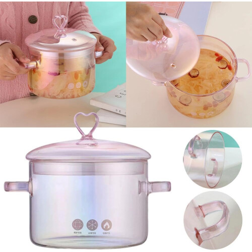 Olla corazón vidrio rosa, apta vitro y horno. 1