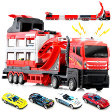 The Magic Toy Shop Transformable Carrier Truck and Car Transporter Toy with Track 4 Cars for Kids