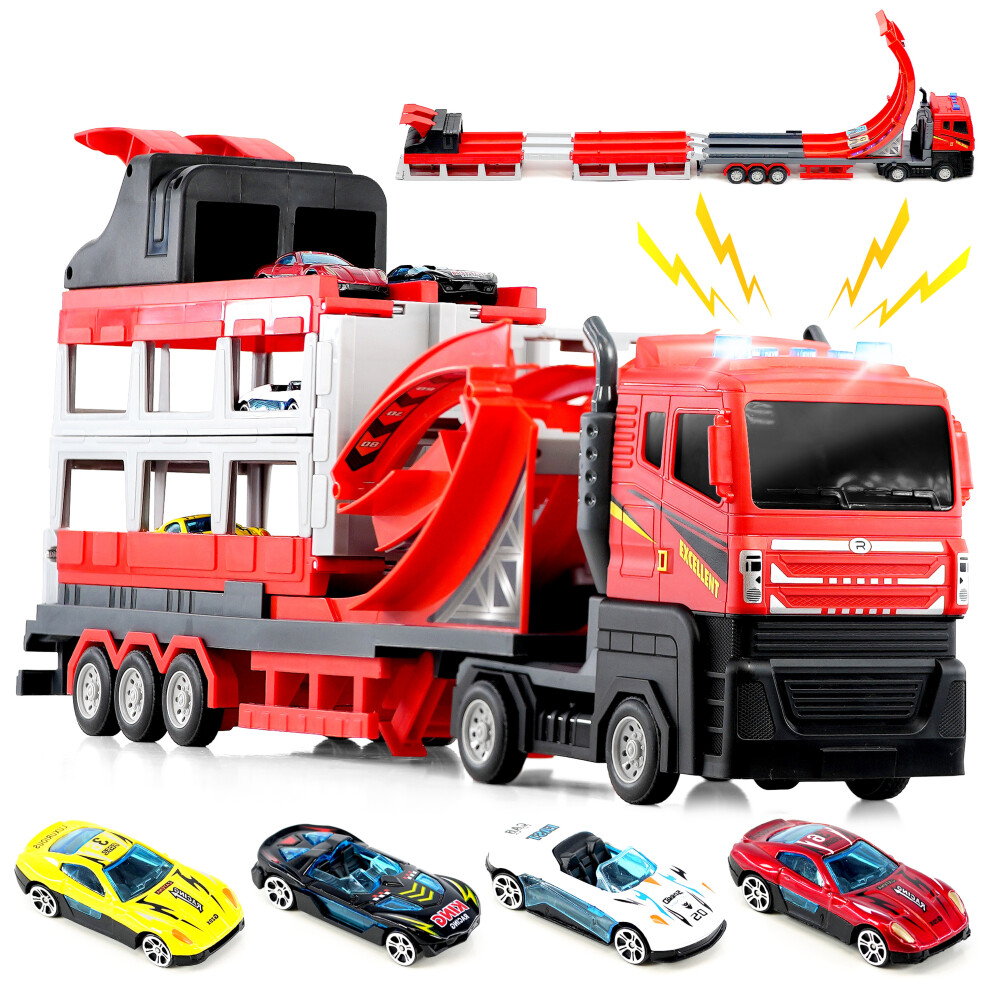 The Magic Toy Shop Transformable Carrier Truck And Car Transporter Toy With Track 4 Cars For Kids