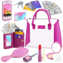 The Magic Toy Shop Play Purse with Pretend Makeup Set – Wallet, Phone, Keys & Cards for Imaginative Dress-Up Play (Girls 3+)