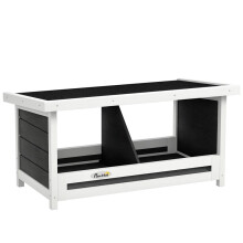 Gallinero de 2 paneles con base y techo elevados, fabricado en madera y betún, en gris, blanco y negro.