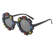 (Black frame gray film) New cute sunflower round frame frosted frame children's sunglasses printed children's sunglasses