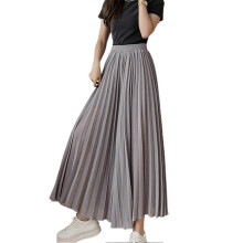 (M, Gray) Women's Pleated Maxi Skirt - Modest Elastic High Waist A Line Swing Boho Ruffle Plisse Long Skirt for Casual or Office New Arrival