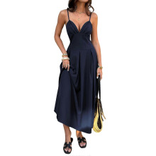 (L, Dark blue) Women Spaghetti Strap Midi Summer Dresses Sleeveless V Neck Casual Beach Party Maxi Dress Dark Blue