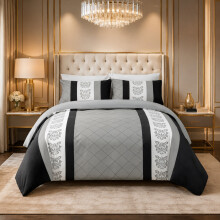 (Single, Grey & Black) Double Brushed Microfiber Duvet Cover Set Reversible Design with Zipper Closure and Corner Ties