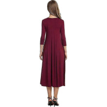 (M, Claret) Women's 3/4 Sleeve A-line and Flare Midi Long Dressxx3
