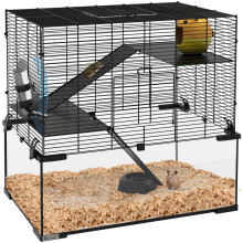 Gabbia per criceti a 3 livelli con ruota, rampe e fondo rimovibile, 60x40x57 cm, nera