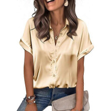 (M, Khaki) Lightweight Womens Satins Shirt With Comfortable Fit And Easy Care Polyester Short Sleeve Tops For Various Styles
