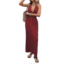 (L, Wine red) Women'S Polka Dots Halter Dress Deep V Neck Backless Sleeveless Bodycon Maxi Dresses Black