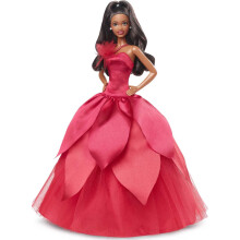 Barbie Signature 2022 Holiday Doll, Dark-Brown Wavy Hair Wearing Red Poinsettia-Inspired Gown, Collectible with Doll Stand & Certificate of Authentici