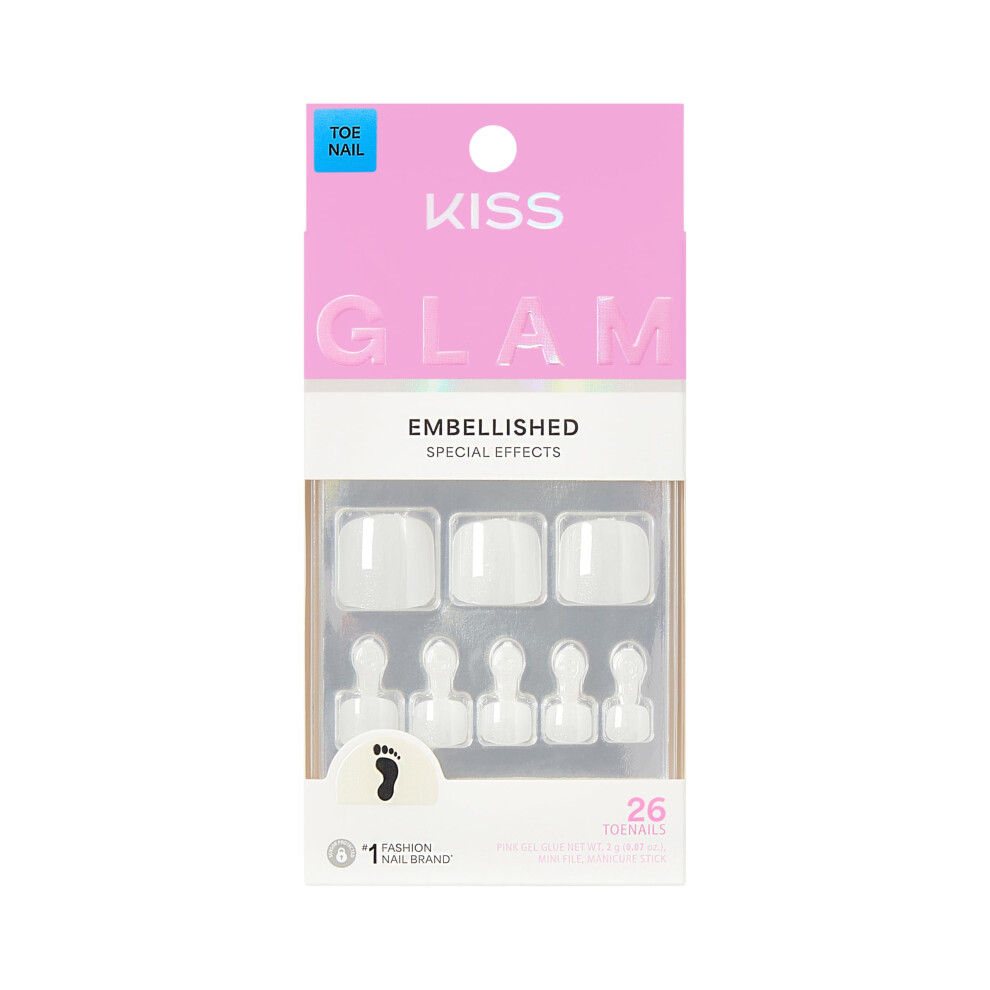 Kiss White Glam, Press On Nails, Nail Glue Included, 'Twinkle Toes', Short Size, Squoval Shape, Includes 26 Toenails, 2G Glue, 1 Manicure Stick, 1 Mi