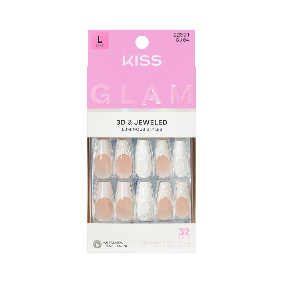 Kiss White Glam, Press On Nails, Nail Glue Included, 'Breath Of Harmony', Long Size, Coffin Shape, Includes 32 Nails, 2G Glue, 1 Manicure Stick, 1 Mi