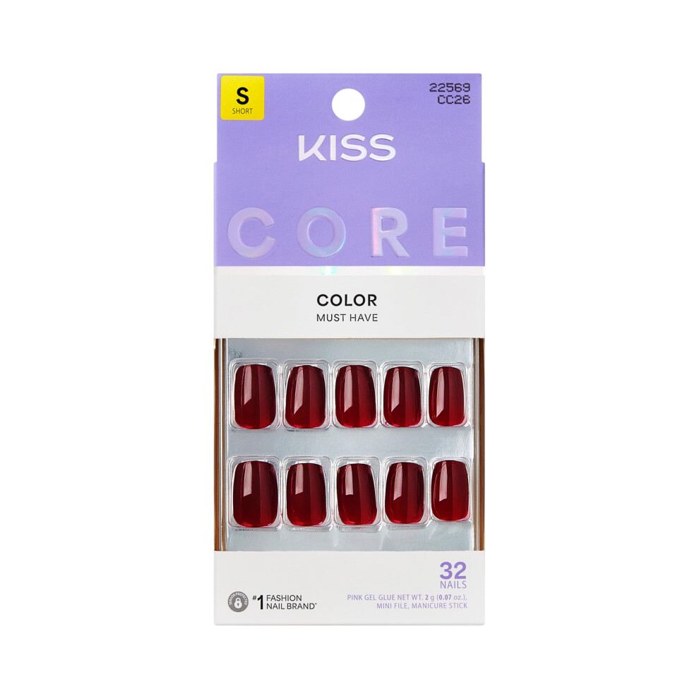 Kiss Red Core, Press On Nails, Nail Glue Included, 'Sprightly', Short Size, Squoval Shape, Includes 32 Nails, 2G Glue, 1 Manicure Stick, 1 Mini File