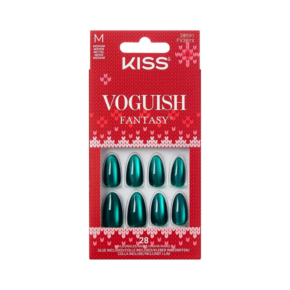 Kiss Pink Voguish Fantasy Holiday Press On Nails Almond, Holiday Gala, Green, Medium, No Damage To Natural Nails, Gel Nail Glue (2G), Mini Nail File,