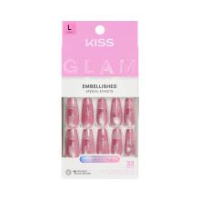 KISS GLAM, Press On Nails, Nagellim, 'Pink Sugar', Rosa, Lång Storlek, Coffin Form, Inkl. 32 Naglar, 2g Lim, 1 Manikyrsticka, 1 Mini Fil