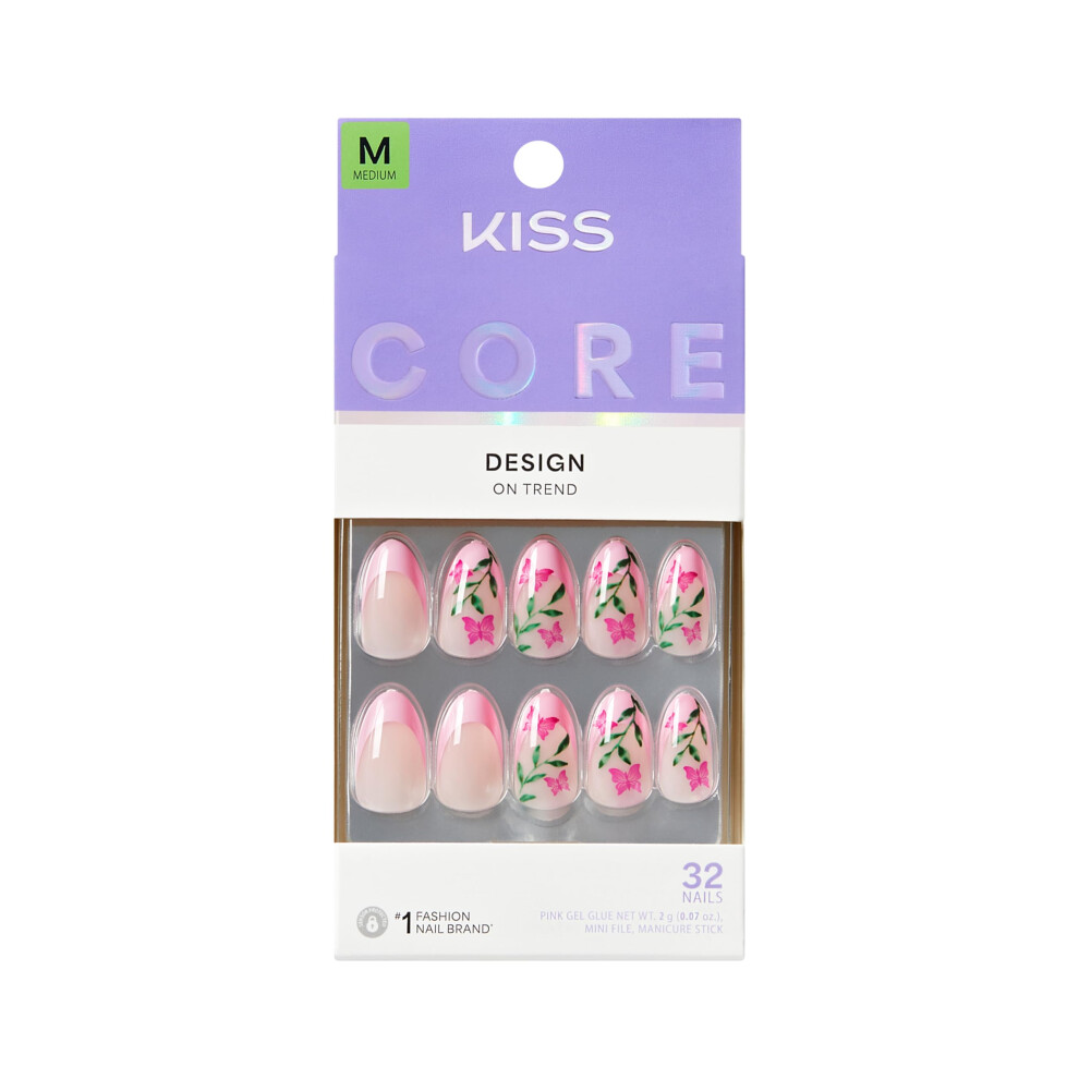 Kiss Pink Core, Press On Nails, Nail Glue Included, 'Springtime Splendor', Medium Size, Almond Shape, Includes 32 Nails, 2G Glue, 1 Manicure Stick, 1