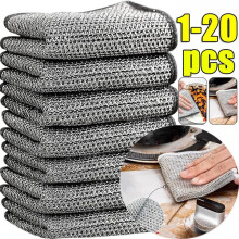 (Silver, 20PCS) Thickened Steel Wire Cleaning Cloth Non-Scratch Iron Microfiber Mesh Dishrag Washing Pot Rags Kitchen Towel Reusable