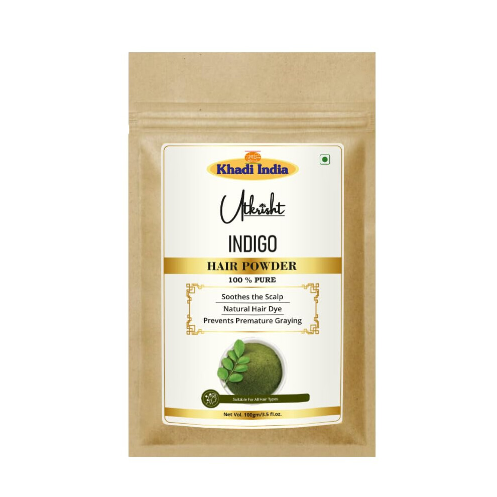 Utkrisht Khadi Indigo Hair Powder Pack 100G | Natural & Ayurvedic | For Deep Black & Brwon Shade | For Healthy & Silky Hair | Soothes Irritation | All