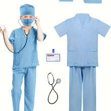 (Blue, 4-5Y) Conjunto de disfraz de juego de simulación de Doctor Cosplay para niños de 6 piezas que incluye camiseta, pantalones, sombrero,