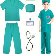 (Green, 5-6Y) Conjunto de disfraz de juego de simulación de Doctor Cosplay para niños de 6 piezas que incluye camiseta, pantalones, sombrero,