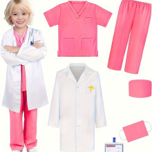(3-4Y) Arts-verpleegster rollenspeluniformset voor meisjes, 6-delig: top met V-hals, broek, hoed, knoop, naambadge