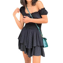 (L, Black) Women Summer Dresses Casual Smocked Ruffle Sun Beach Babydoll Mini Dress Layered Flowy Swing Dress Black