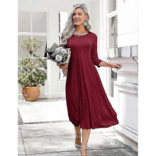 (XL, Claret) Women's 3/4 Sleeve A-line and Flare Midi Long Dressxx3