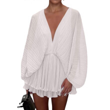 (M, White) Women'S Dress Deep V-Neck Long Sleeve Waist Tie Ruffle Mini Swing Dresses Emerald