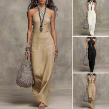 (XL, Black) Halter Neck Maxi Dress Crisscross & Sleeveless for Summer Beach Bodycon Fit
