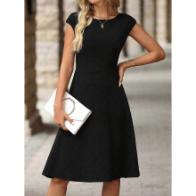 (L, Black) Women Cap Sleeve Cocktail Party Semi Formal Midi Dress Black