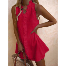 (Xxl, Red) Women'S Cute Ruffle Mini Dress Cotton Linen Sleeveless Summer Dresses Casual with Peplum Hem Black