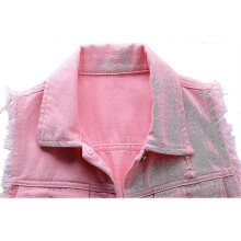 (Medium, Pink) Womens Crop Denim Vest Jacket Sleeveless Button Down Ripped Casual Waistcoat Jacket - Z