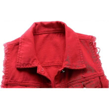 (XX-Large, Red) Womens Crop Denim Vest Jacket Sleeveless Button Down Ripped Casual Waistcoat Jacket - Z