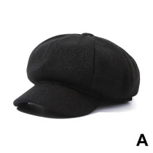 (Black) Woolen Octagonal Hat Beret Hat Autumn Winter Wool Vintage Baker Hat Fashion