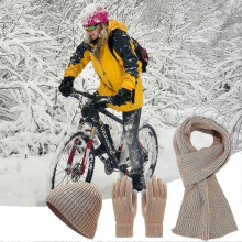 (Light Grey) 3Pcs/Set Unisex Winter Beanie Hat Long Scarf Touch Screen Gloves Set Solid Color Ribbed Texture Warm Knit Scarf Mittens Hat Set-Good