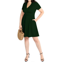 (L, Dark green) Women'S Summer Short Sleeve Casual Dresses V-Neck Floral Party Dress with Pockets Black